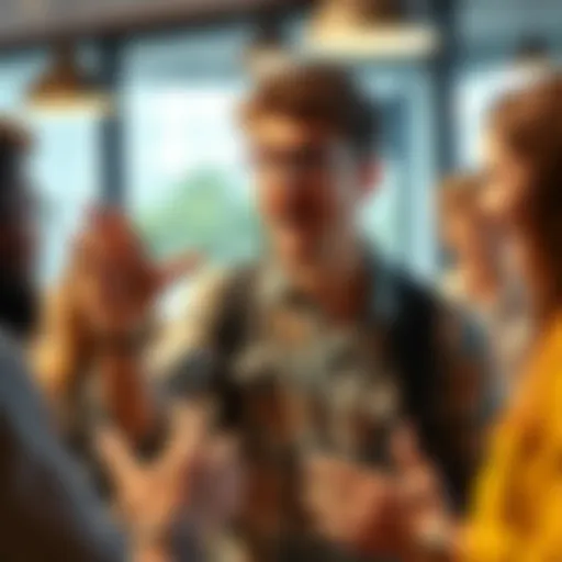 A person gestures widely while chatting with friends in a casual setting, showcasing a lively discussion.