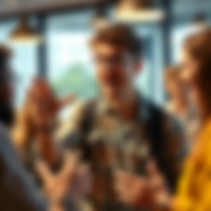 A person gestures widely while chatting with friends in a casual setting, showcasing a lively discussion.