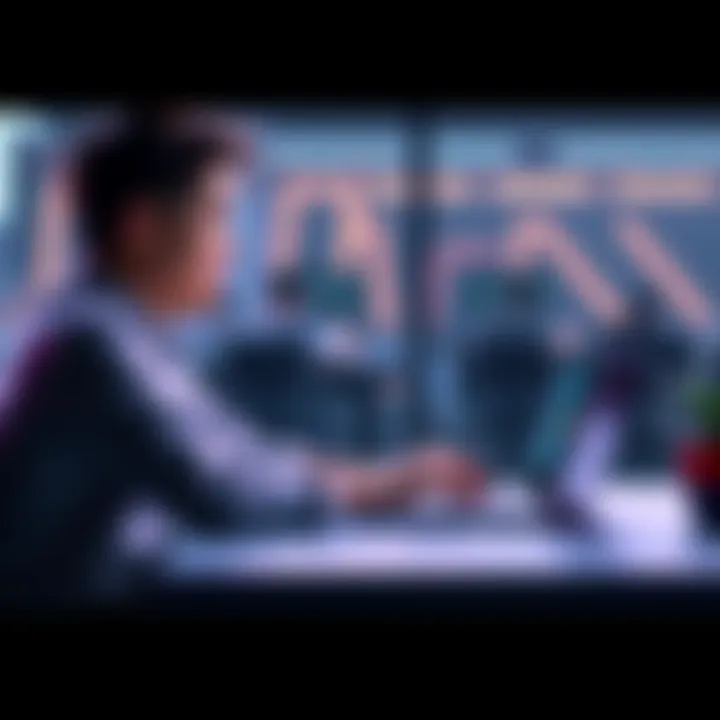 Person talking to ChatGPT on a laptop A person sitting at a desk, interacting with ChatGPT on a laptop, looking thoughtful and engaged