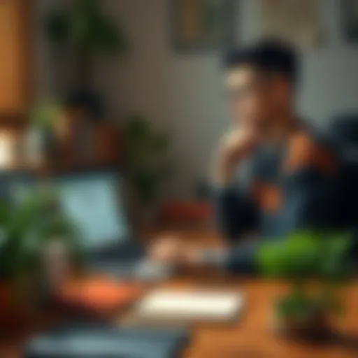 A person sits at a desk, looking thoughtfully at a laptop displaying fanfiction stories. Books and plants surround them, highlighting their creative space and environmental awareness.