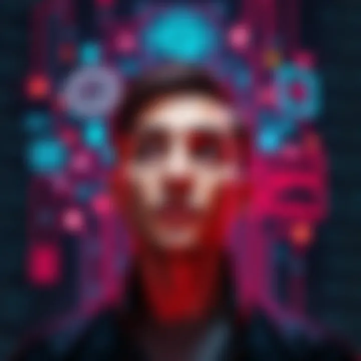 A person looking thoughtful while surrounded by symbols of artificial intelligence and computer code