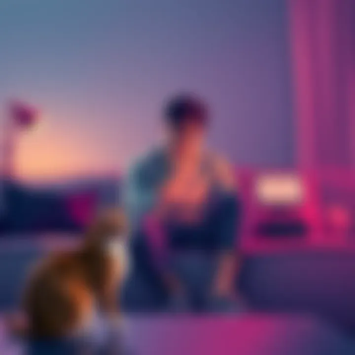 Person thinking with a cat A person sitting on a couch, thinking deeply while a cat plays nearby, illustrating the mental engagement with AI for daily questions.