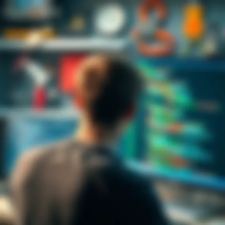 A person looking at a computer screen with code on it, showing concern about token usage in software. The background features tools related to programming.