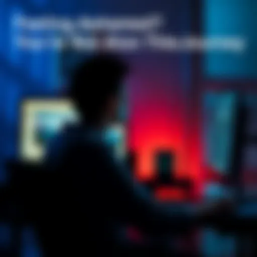 Individual sitting at a desk, looking pensive with a computer screen glowing, symbolizing online interactions and feelings of shame