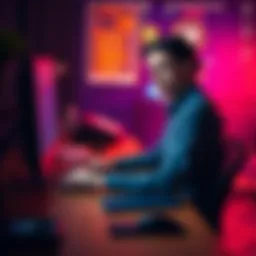 A person sitting at a desk, passionately typing on a computer about AI in forums, with a concerned expression on their face.