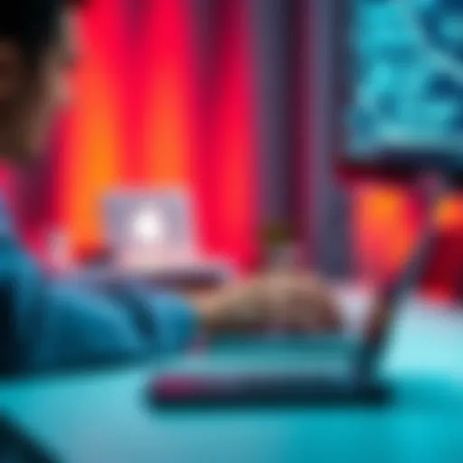 A person sitting at a desk, typing prompts into an AI tool on a laptop, with a focused expression.