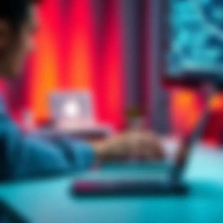 A person sitting at a desk, typing prompts into an AI tool on a laptop, with a focused expression.