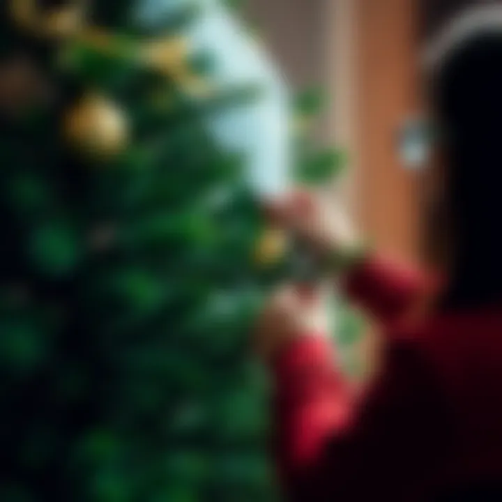 A person carefully unwrapping the branches of a Christmas tree, revealing its green foliage