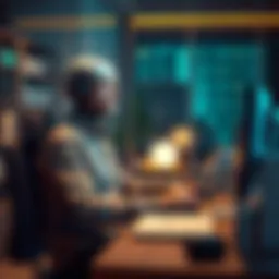 A person sitting at a desk using a computer with AI software, looking relaxed and comfortable, symbolizing the debate on technology and laziness.