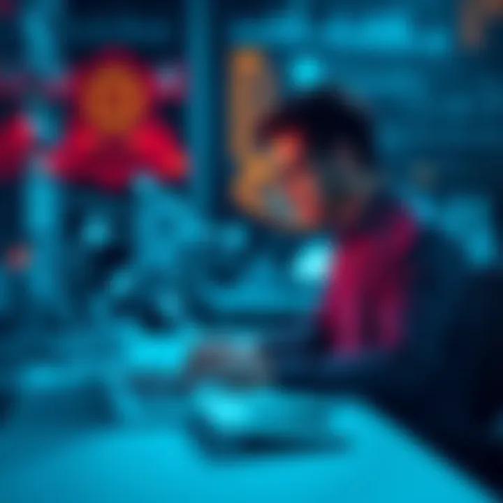 A person sitting at a desk, engaging with AI on a laptop, contemplating the relationship between technology and personal reflection.