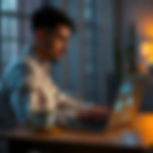 Individual sits at a desk, looking thoughtful while using a laptop that displays an AI chat interface, showing mixed emotions about technology use.
