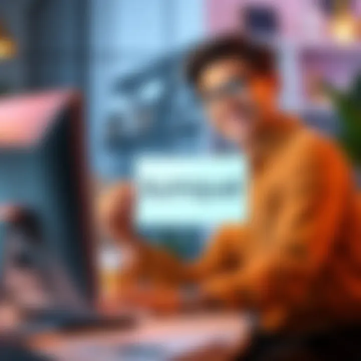 A person sitting at a desk, smiling while interacting with a computer, holding a sign that says 'kumquat'