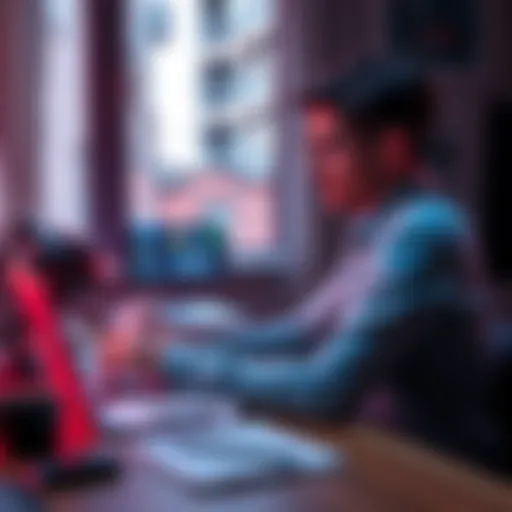 A person sitting at a desk, engaging with AI software on a laptop, with notes and coffee around them, looking focused on improving their workflow.