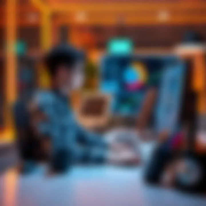 A person sitting at a desk, engaged with a computer displaying AI software, reflecting on the balance between using AI and developing personal skills.