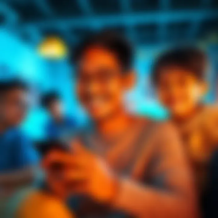 A person smiling while practicing English on the CHAI app, surrounded by family members who are also engaged in learning activities.