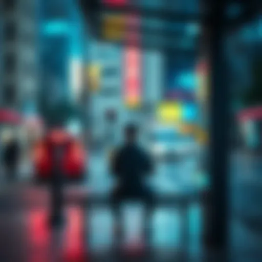 A person sitting on a bench at a bus stop, looking at their watch, surrounded by a busy street.