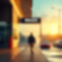 A person walking on a sidewalk towards a car wash, with a clear view of the wash sign ahead, illustrating a simple daily routine.
