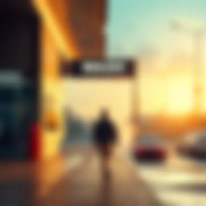 A person walking on a sidewalk towards a car wash, with a clear view of the wash sign ahead, illustrating a simple daily routine.