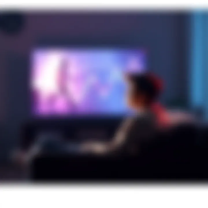 A person sitting on a couch, intently watching a television screen with a look of admiration and emotional connection, illustrating the concept of parasocial attachment.