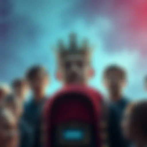 A confident individual wearing a crown, surrounded by admiring supporters, illustrating themes of megalomania and sycophancy.