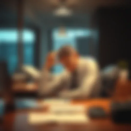 A person sitting at a desk, looking concerned and contemplative, symbolizing struggles with self-doubt and impostor syndrome.