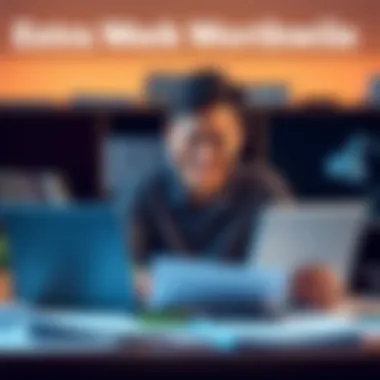 A person happily engaged in completing extra work at a desk, surrounded by documents and a laptop, showcasing productivity and satisfaction.