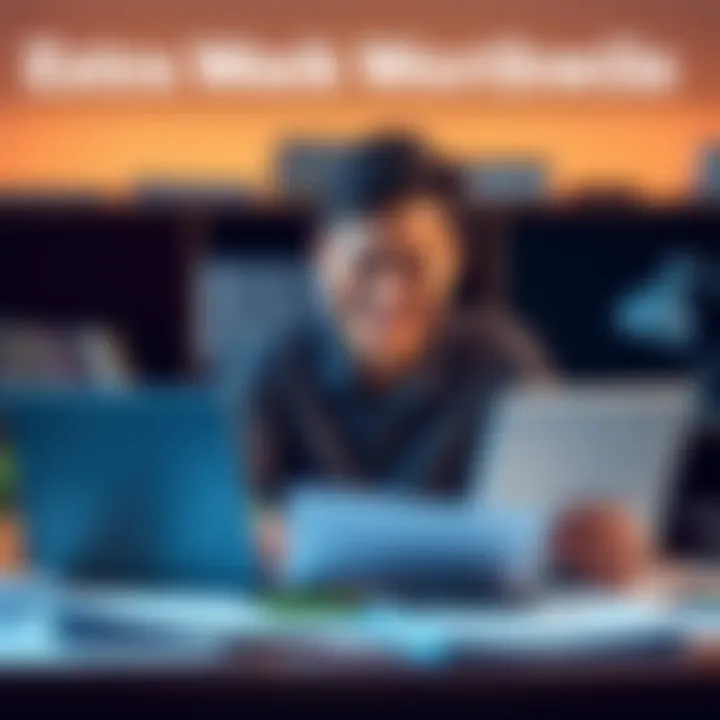 A person happily engaged in completing extra work at a desk, surrounded by documents and a laptop, showcasing productivity and satisfaction.