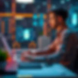 A person sitting at a desk, focused on a laptop with AI graphics on the screen, illustrating the concept of earning a living through AI automation services in 2026.