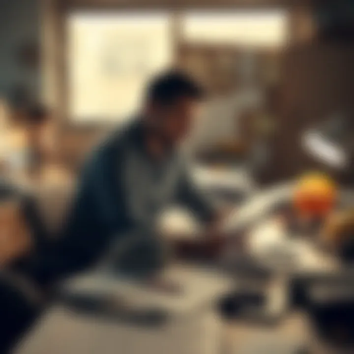 A person sitting at a desk with blueprints and sketches, looking focused and determined while surrounded by notes and tools, representing the struggle of building a dream project.