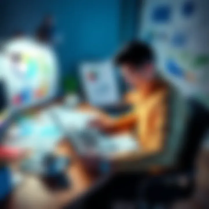 A person sitting at a desk with a laptop, organizing project notes and planning tasks, surrounded by charts and a coffee cup.