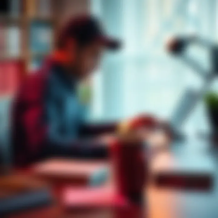 A person sitting at a desk with a laptop, focused on writing while taking notes on paper, surrounded by books and a coffee mug