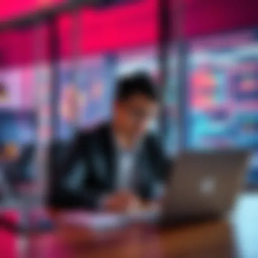 A person sitting at a desk, writing prompts for AI tools with a notebook and laptop, focused on creativity and language skills