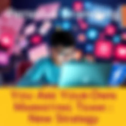 A person working on a laptop, surrounded by marketing materials and social media icons, illustrating self-marketing efforts.