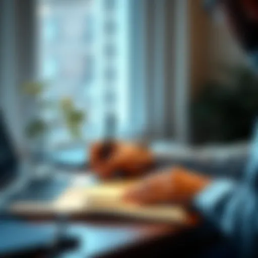 A person writing in a notebook with a plant and a laptop on the desk, symbolizing skill enhancement and personal development.