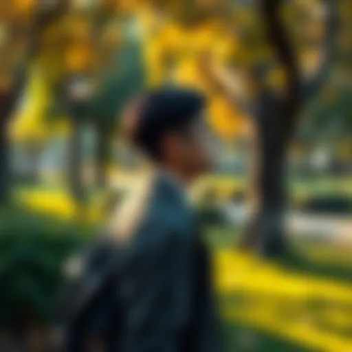 A person standing in a park, observing their surroundings with thoughtful expression, illustrating how individuals interpret their environment