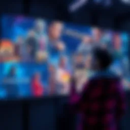 A futuristic image showing a person interacting with a large screen displaying various movie characters and storylines tailored to their preferences.