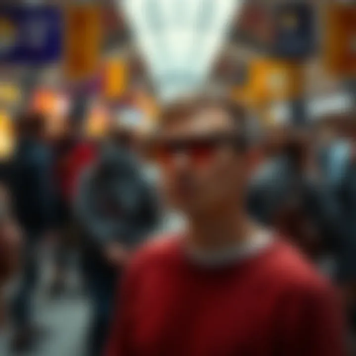 Person wearing pervert glasses in a crowded area A person stands in a busy public space wearing pervert glasses, looking around nervously as others avoid eye contact