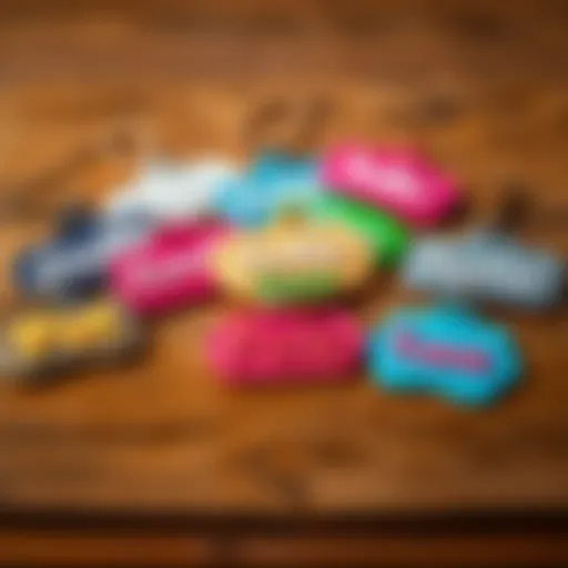A variety of pet name tags in colorful designs resting on a wooden surface, showcasing creative options for naming pets.