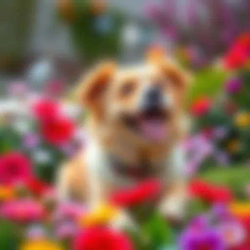 A happy dog named Charly playing in a garden, surrounded by colorful flowers