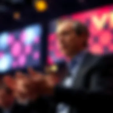 Peter Thiel giving a talk on stage with a serious expression, addressing the audience about his views on evil