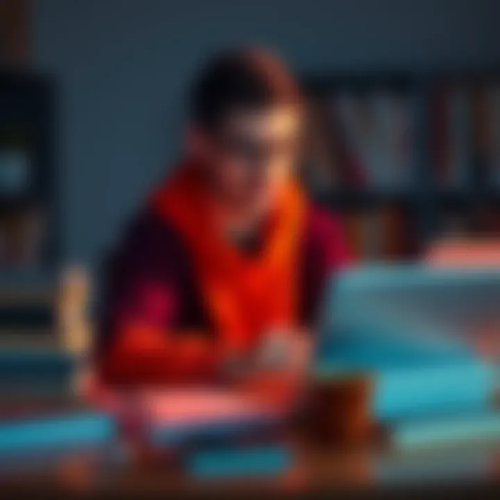 A student reviewing PhD programs in artificial intelligence, surrounded by books and a laptop