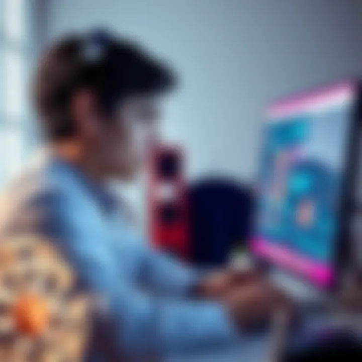 A graduate student working on artificial intelligence research at a computer with AI-related graphics