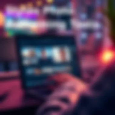 A user editing a photo on a laptop with editing software open, showcasing filters and effects for enhancing images.
