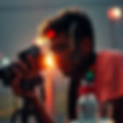A photographer using a camera to create a mixed double exposure image, blending two different scenes together.