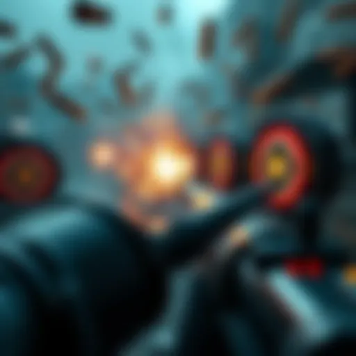 A video game scene showing bullets hitting targets with visual effects of impact