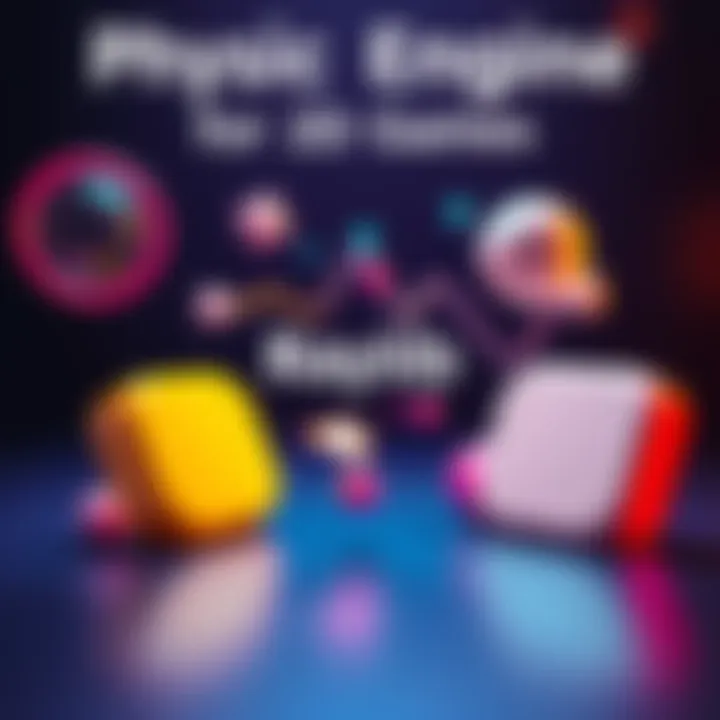 A graphic showing different physics engines for 2D games with Raylib logo and simple shapes like circles and rectangles colliding