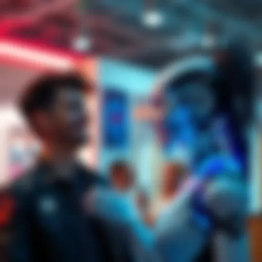 A pickup artist smiling while interacting with a lifelike AI girlfriend, showcasing their unique connection in a modern setting.