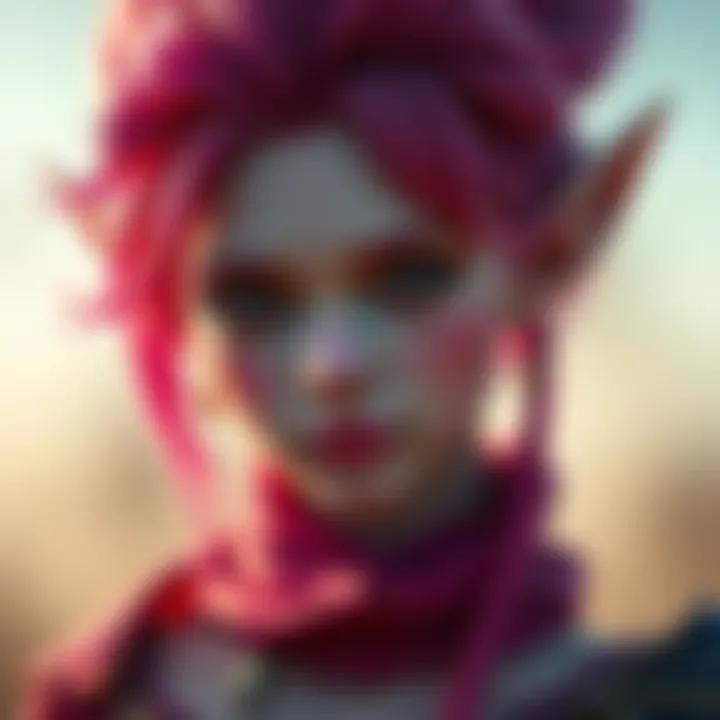A vibrant pink elf with striking hair and elegant clothing, illuminated by morning light.