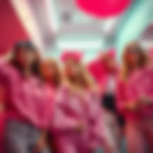 A group of young women wearing pink outfits and accessories, showcasing the pink girl trend in a fun and vibrant setting.