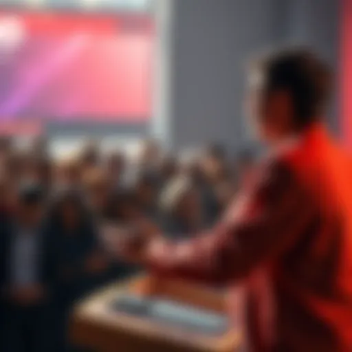 Pinterest CEO speaking at a podium, discussing the proposal to ban social media for youth under 16, with a concerned audience in the background.